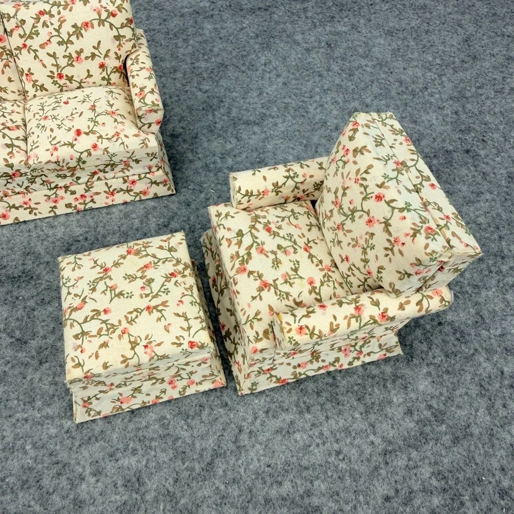 Miniature Dollhouse Floral Living Room Furniture Set Sofa Chairs Ottoman 4 Pc
